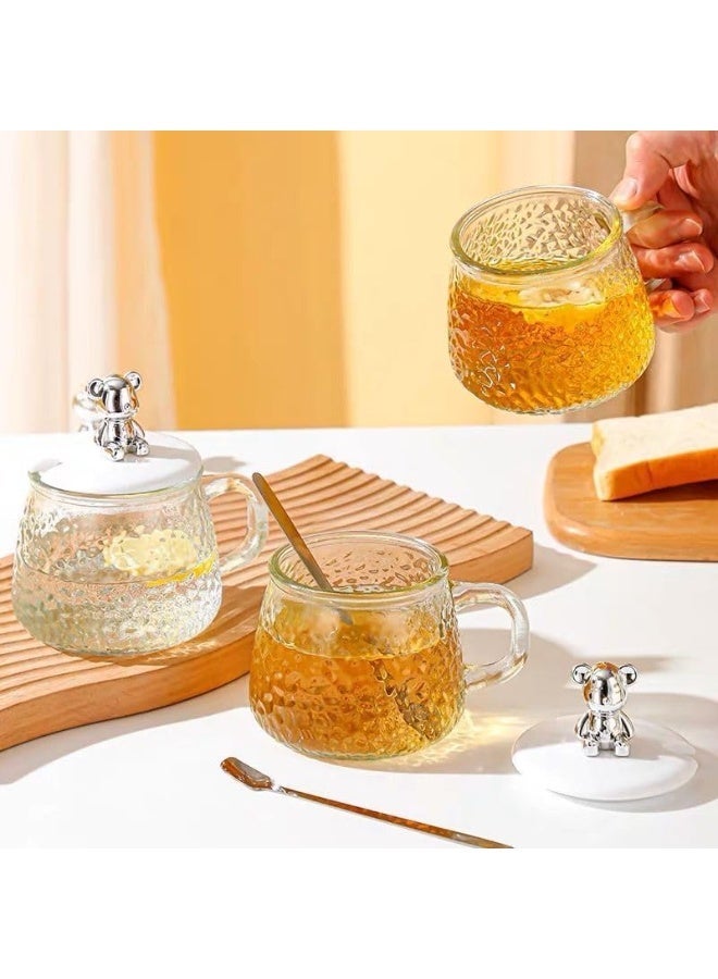 2-in-1 glass drinking cup and sugar bowl with a bear-shaped lid; a crystal-patterned glass cup with a spoon and plastic lid; suitable for tea and hot beverages. - Image 5